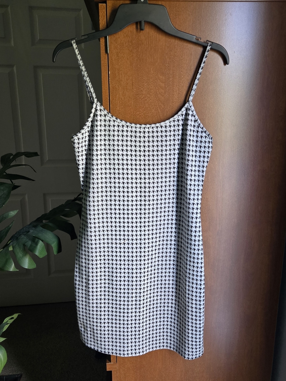 Grey & Black Houndstooth Spaghetti Strap Mini Dress